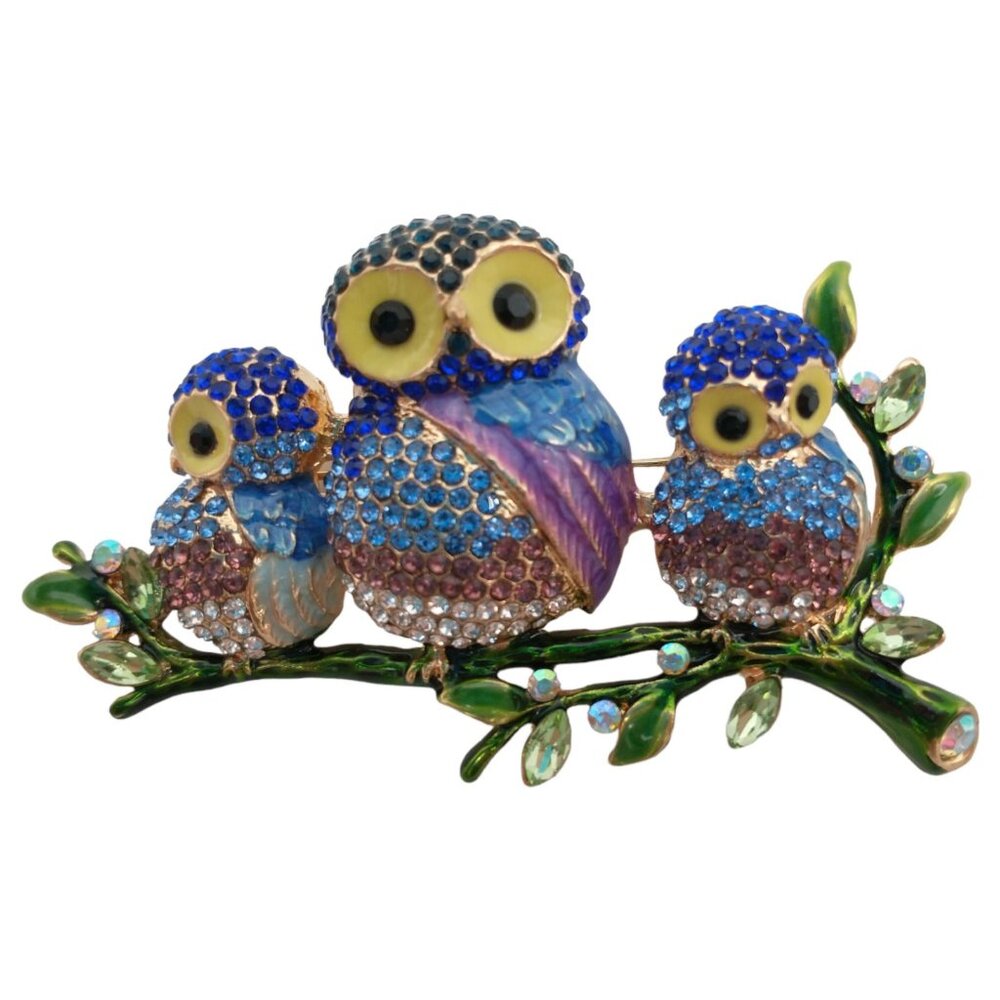 Three Owl Brooch Crystal Tree Rhinestone Glass Enamel Goldtone Pendant Jewelry